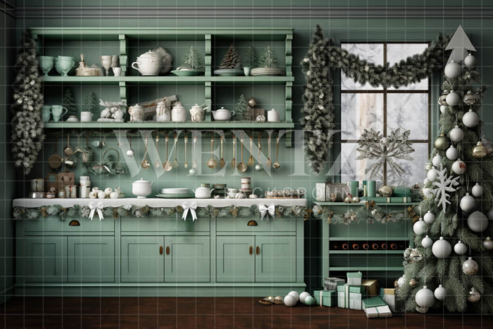 Fabric Photography Background Green Christmas Kitchen / Backdrop 4690