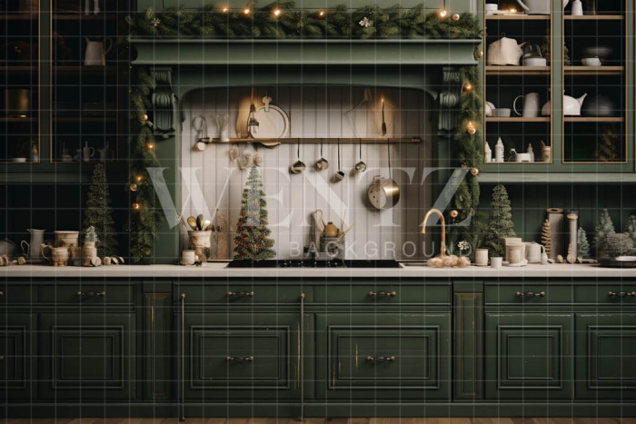 Fabric Photography Background Green Christmas Kitchen / Backdrop 4695