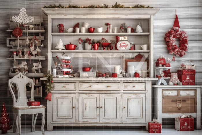 Fabric Photography Background Vintage Christmas Kitchen / Backdrop 4718