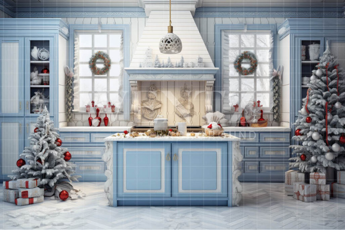 Fabric Photography Background Blue Christmas Kitchen / Backdrop 4719