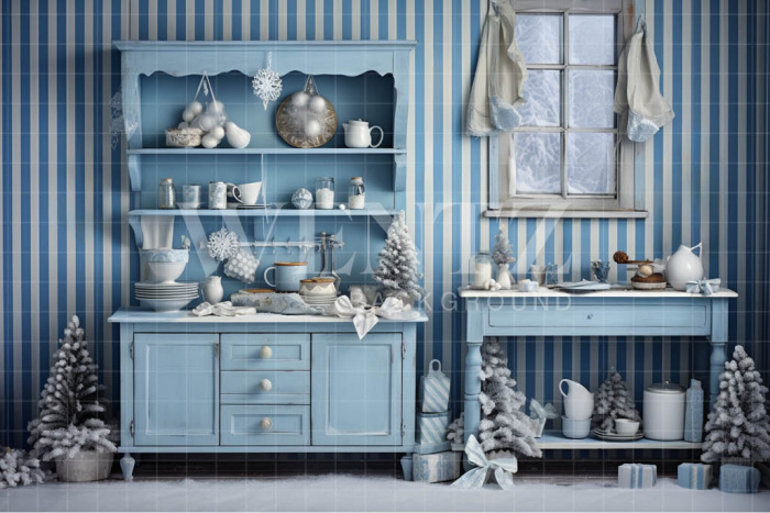 Fabric Photography Background Blue Christmas Kitchen / Backdrop 4720