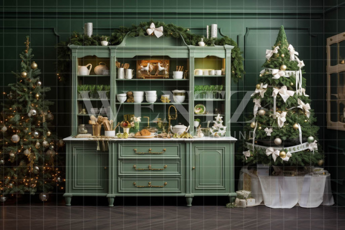 Fabric Photography Background Green Christmas Kitchen / Backdrop 4749