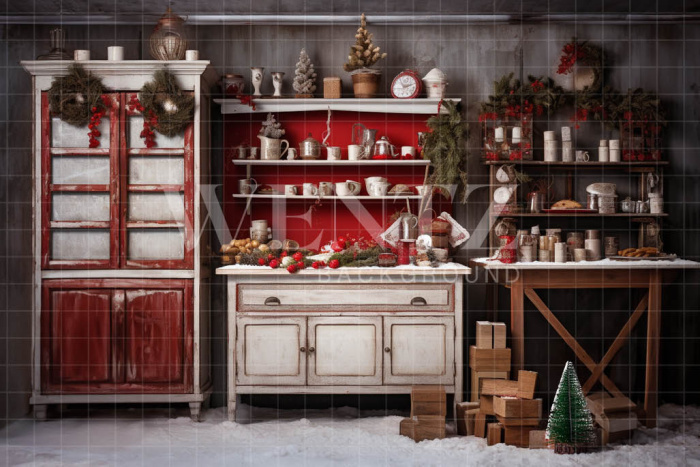 Fabric Photography Background Vintage Christmas Kitchen / Backdrop 4754