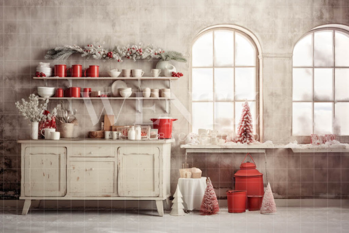 Fabric Photography Background Vintage Christmas Kitchen / Backdrop 4756