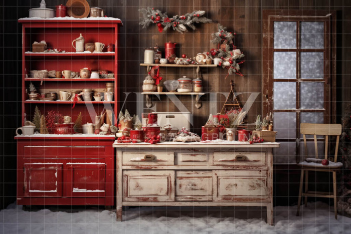 Fabric Photography Background Christmas Kitchen / Backdrop 4762