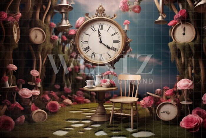 Fabric Photography Background Set with Clock and Flowers / Backdrop 4906