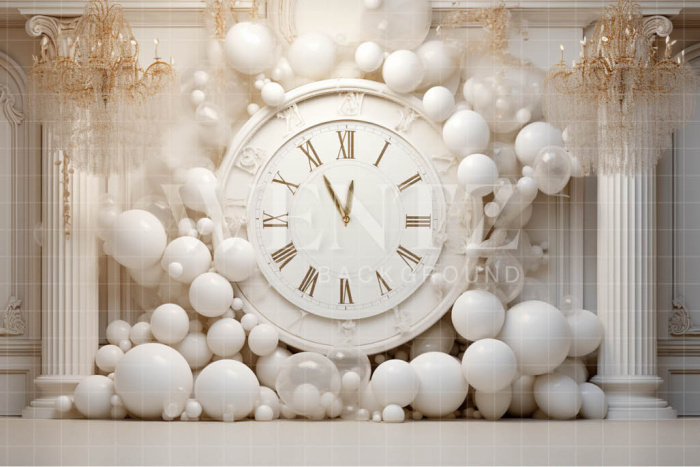 Photographic Background in Fabric Clock and White Balloons / Backdrop 5048