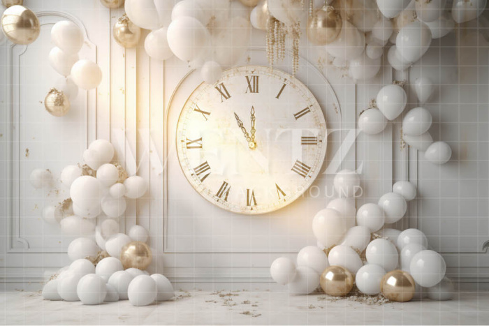 Photographic Background in Fabric Clock and White Balloons / Backdrop 5049