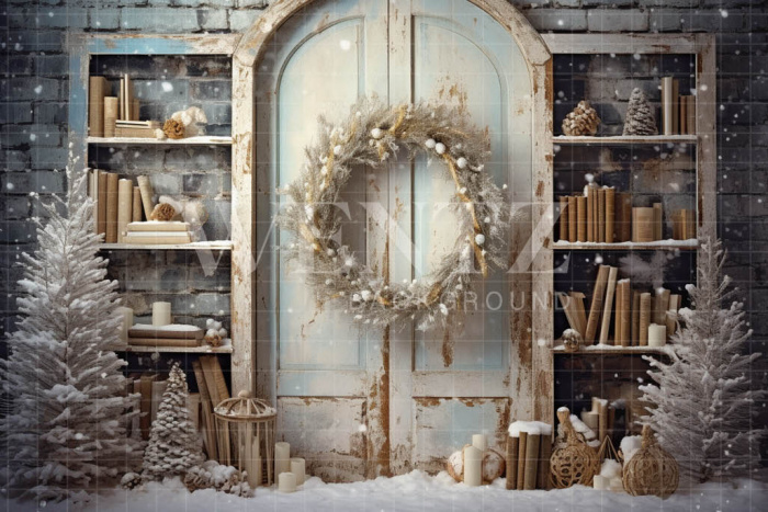 Photographic Background in Fabric Vintage Christmas Front Door / Backdrop 5158