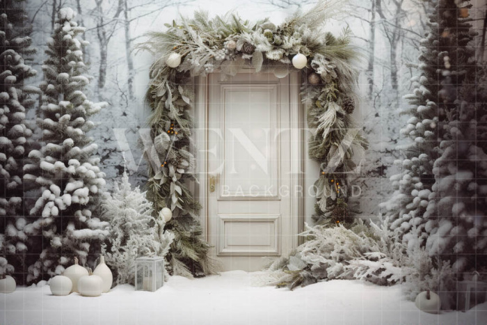 Photographic Background in Fabric Vintage Christmas Front Door / Backdrop 5162