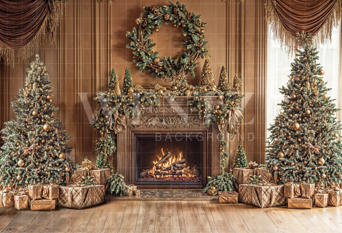 Fabric Photography Background Christmas Fireplace / Backdrop 6516