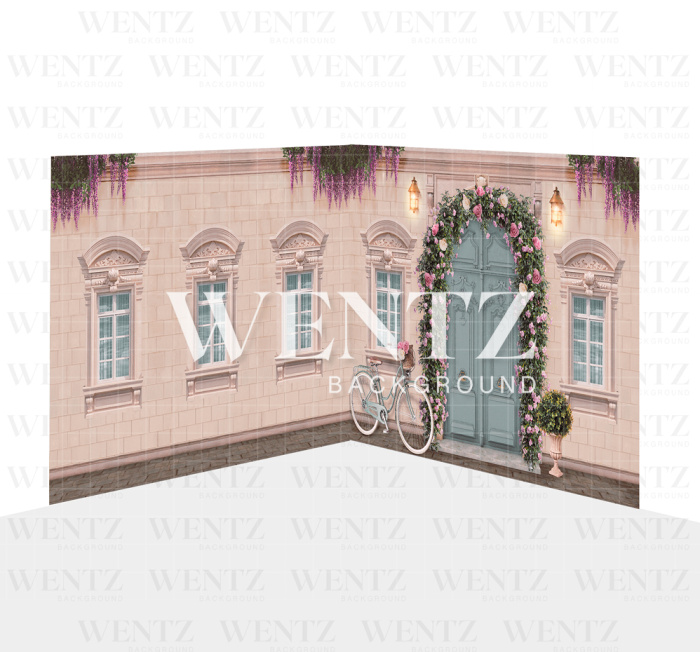 Photography Background in Fabric Pink House Facade with Flowers Set 2D / WTZ136