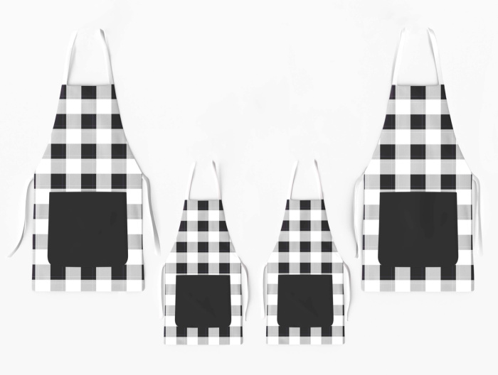 Kit 4 Christmas Family Aprons with Pocket Plaid Black and White / AW01