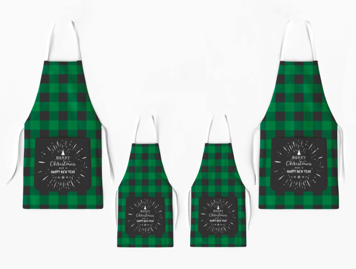 Kit 4 Christmas Family Aprons with Pocket Plaid Black and Green / AW02