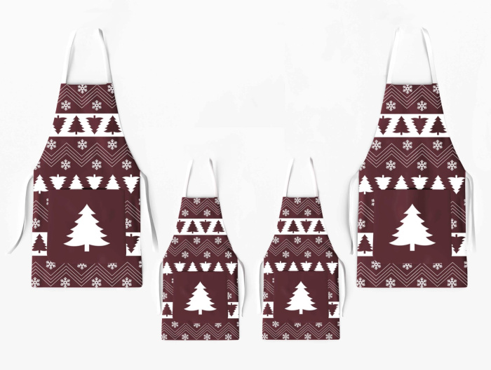 Kit 4 Christmas Family Aprons with Pocket Pine Tree Print / AW05