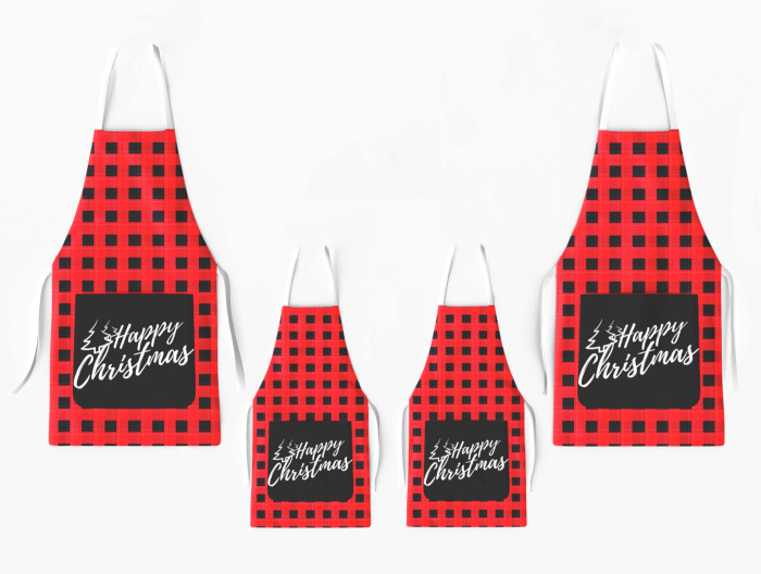 Kit 4 Christmas Family Aprons with Pocket Plaid Black and Red / AW06