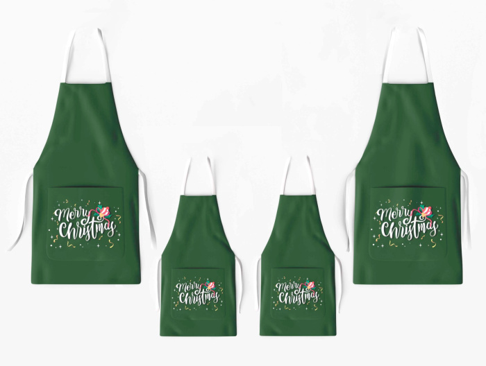 Kit 4 Christmas Family Aprons with Pocket Print Green / AW07