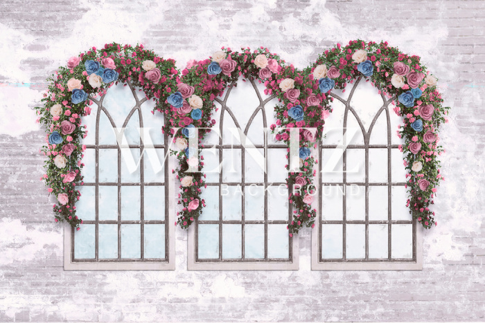 Fabric Photography Background Brick Wall with Window and Flowers / Backdrop CW128