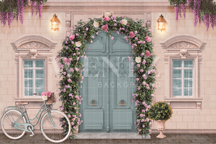 Fabric Photography Background Pink House Facade with Flowers / Backdrop CW131