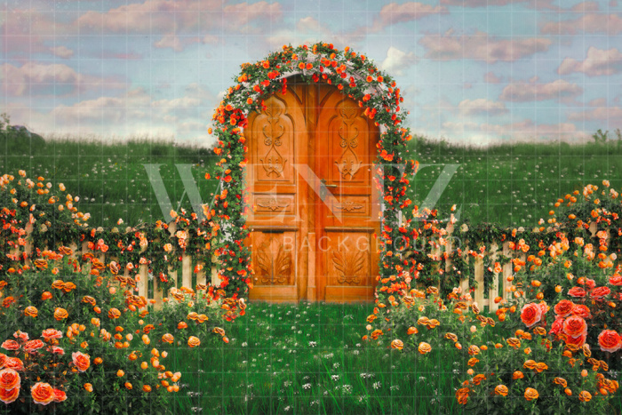 Fabric Photography Background Garden with Roses and Door / Backdrop CW168