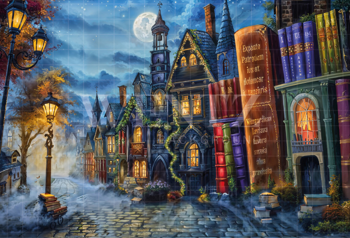 Fabric Photography Background Village of Books Halloween / Backdrop 6172