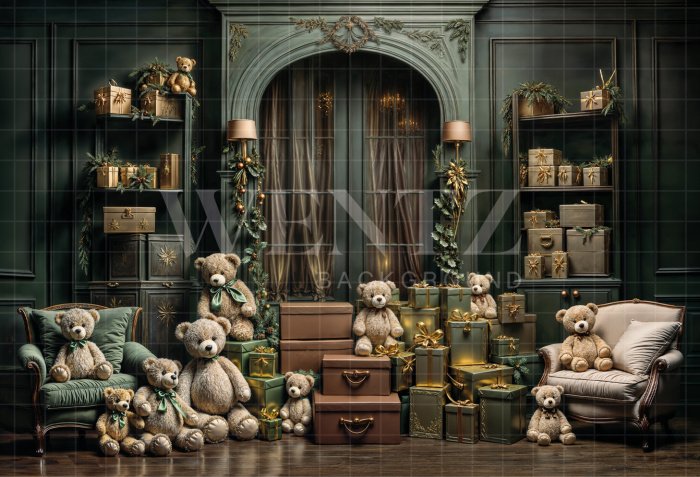 Fabric Photography Background Room with Teddy Bears Christmas / Backdrop 6295