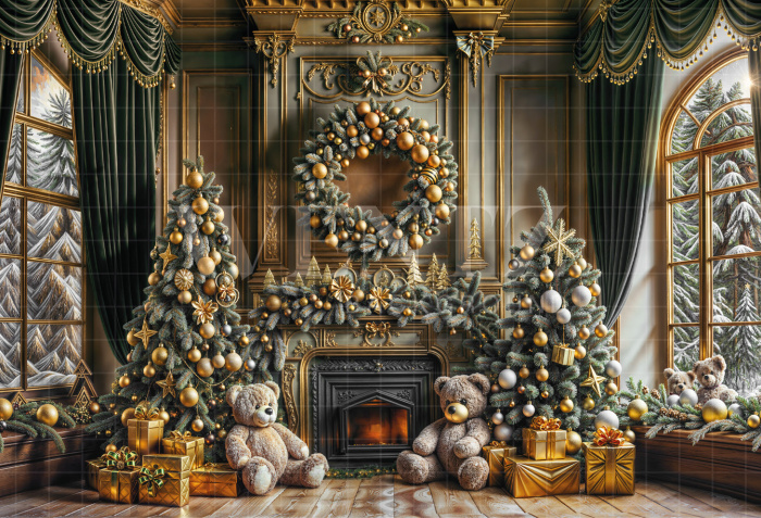 Fabric Photography Background Christmas Fireplace / Backdrop 6318