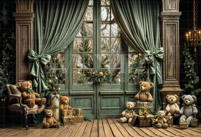 Fabric Photography Background Room with Teddy Bears Christmas / Backdrop 6329