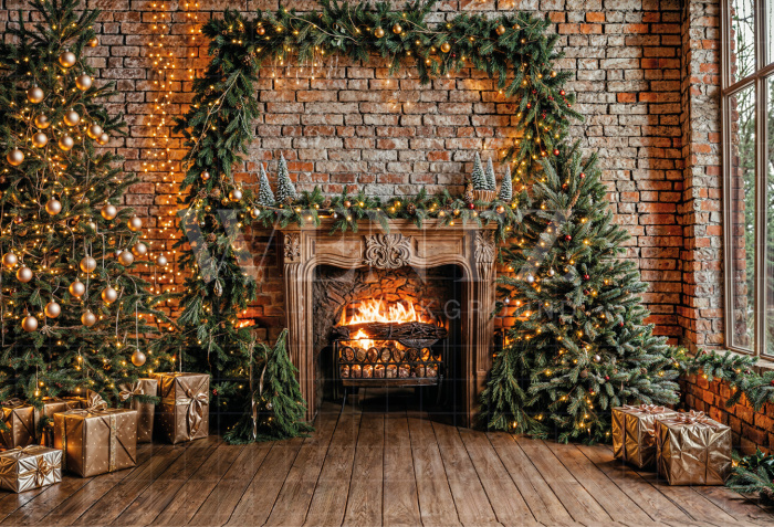 Fabric Photography Background Christmas Fireplace / Backdrop 6409