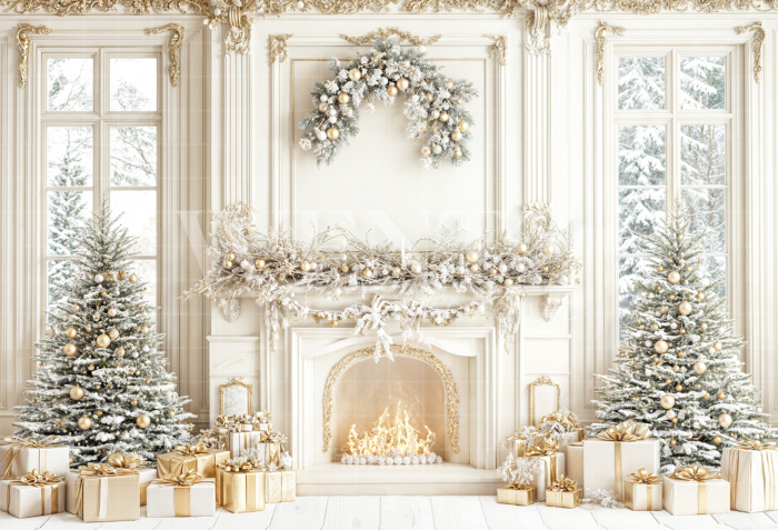 Fabric Photography Background Christmas Fireplace / Backdrop 6435