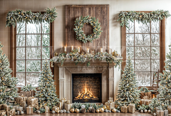 Fabric Photography Background Christmas Fireplace / Backdrop 6436