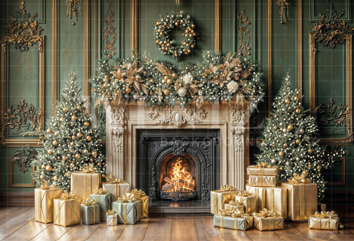 Fabric Photography Background Christmas Fireplace / Backdrop 6444