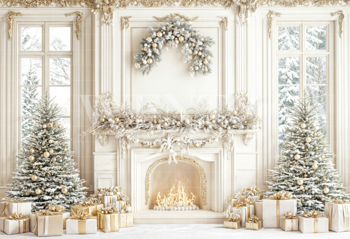 Fabric Photography Background Christmas Fireplace / Backdrop 6454