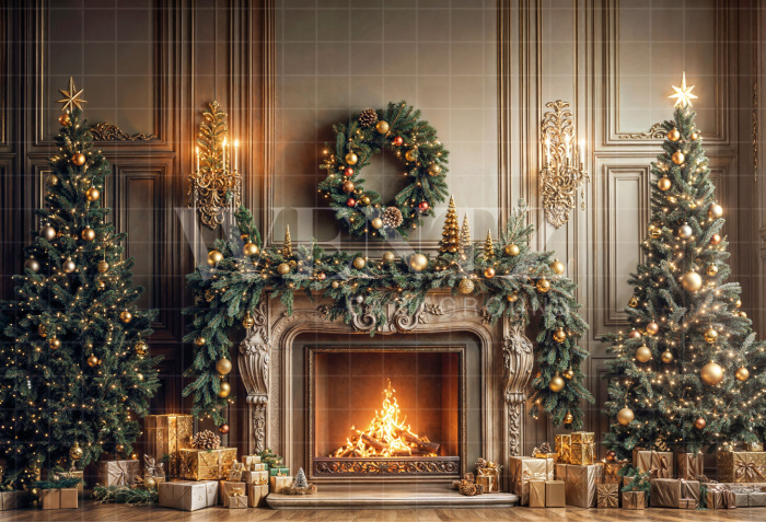 Fabric Photography Background Christmas Fireplace / Backdrop 6461