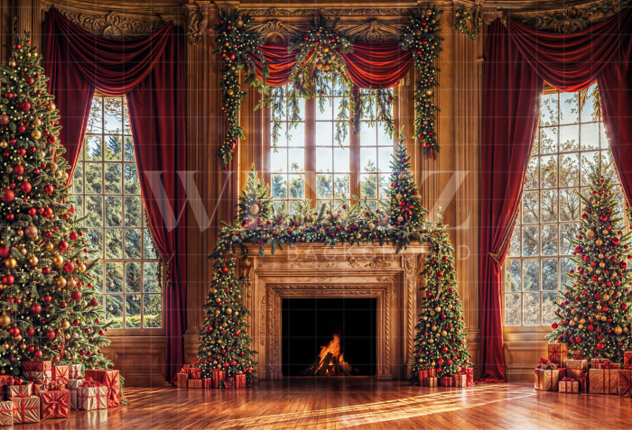 Fabric Photography Background Christmas Fireplace / Backdrop 6472