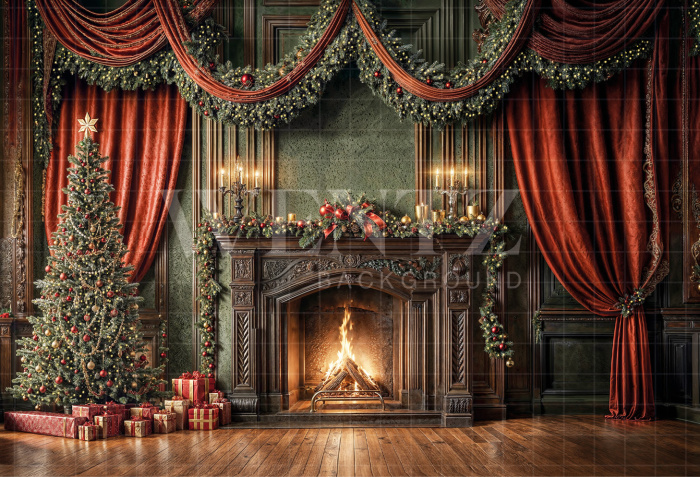 Fabric Photography Background Christmas Fireplace / Backdrop 6475