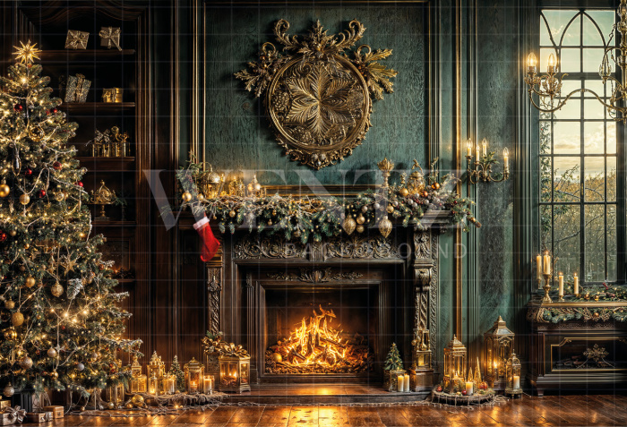 Fabric Photography Background Christmas Fireplace / Backdrop 6499