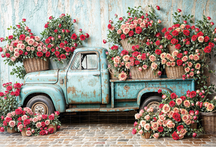 Fabric Photography Background Valentine's Day Pickup Truck / Backdrop 6615