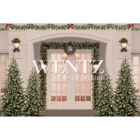 Fabric Photography Background House Facade with Pine Trees Christmas / 2473