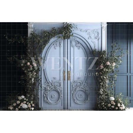 Fabric Photography Background Blue Door with Flowers / Backdrop 2789