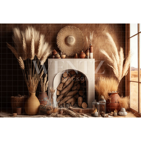 Fabric Photography Background Boho Room with Fireplace / Backdrop 2799