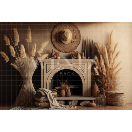 Fabric Photography Background Boho Room with Fireplace / Backdrop 2800