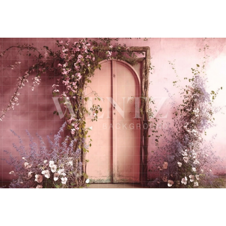 Fabric Photography Background Scenery with Pink Door and Flowers / Backdrop 2813