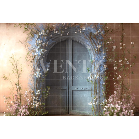 Fabric Photography Background Blue Door with Flowers / Backdrop 2820