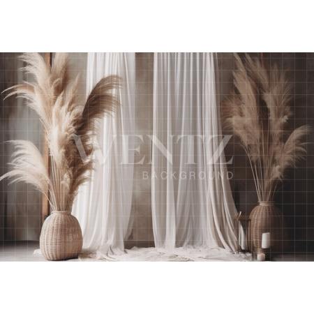 Fabric Photography Background Boho Scenery with Curtains and Pampas Grass  / Backdrop 3069