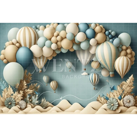 Fabric Photography Background Cake Smash Blue and Beige with Air Balloons / Backdrop 3097