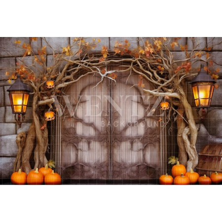 Fabric Photography Background Rustic Door with Pumpkins / Backdrop 3720