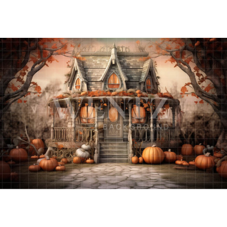 Fabric Photography Background Cabin with Pumpkins / Backdrop 3747