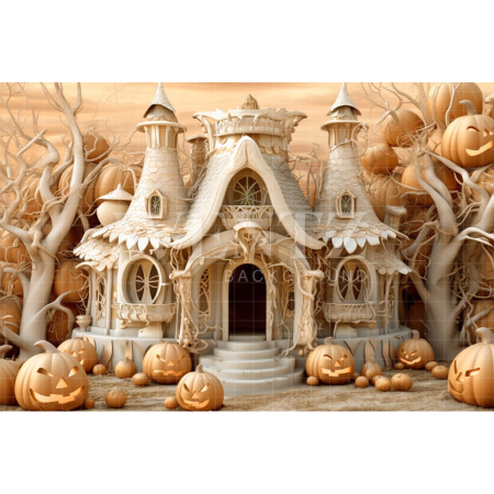 Fabric Photography Background Cabin with Pumpkins / Backdrop 3748