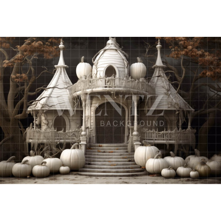 Fabric Photography Background Cabin with White Pumpkins / Backdrop 3749